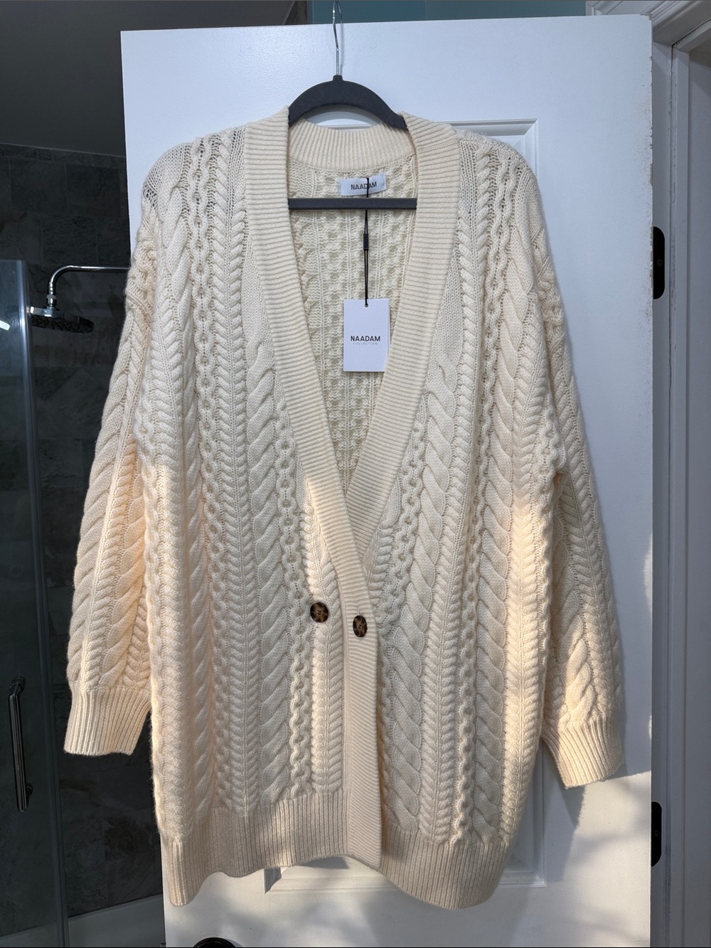NAADAM Ivory Cable-Knit Button-Front Cardigan